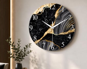 Black Marble Wall Clock, Gold Agate Design, Silent Timepiece, Modern Home Accent