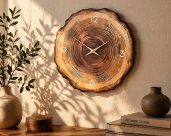 Wood Slice Wall Clock, Rustic Tree Ring Design, Scandinavian Minimalist Boho Style, Silent Non Ticking, Natural Wooden Home Accent