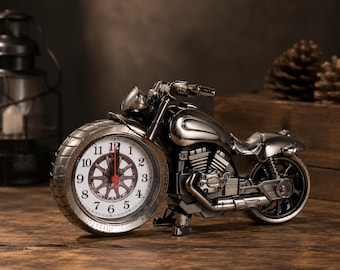 Motorcycle Desk Clock, Vintage Bike Decor, Metal Table Clock, Biker Gift, Man Cave Accessories