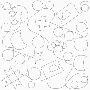 Pode incluir: Design de arte linear em preto e branco com uma máquina de costura, pegadas, uma cruz, estrelas e círculos. O design é um desenho de linha contínua, criando um padrão caprichoso e artístico adequado para quilting ou design de tecido.