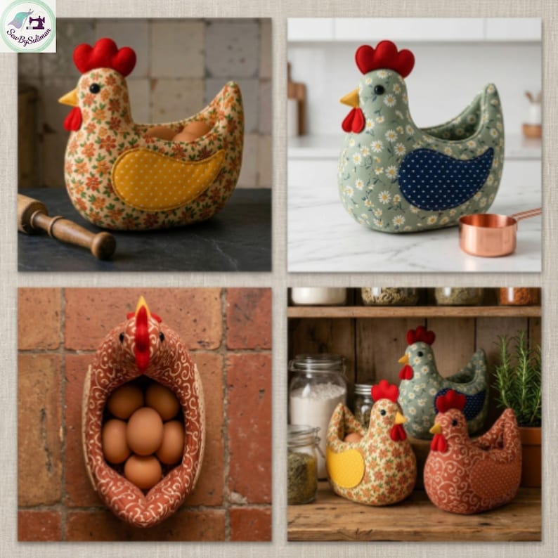 K&ouml;nnte beinhalten: Vier Bilder zeigen Stoff-H&uuml;hner-Eierhalter. Die H&uuml;hner haben rote K&auml;mme und Schn&auml;bel, mit K&ouml;rpern in floralen und geometrischen Mustern. Einer ist wandmontiert, andere sind freistehend. Geeignet f&uuml;r die K&uuml;che.