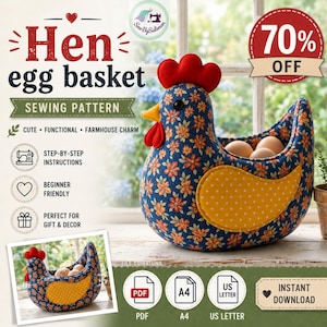 Pode incluir: Um padrão de costura para uma cesta de ovos em forma de galinha. A cesta é azul com um padrão floral laranja, uma asa amarela e uma crista e barbela vermelhas. O texto "Hen egg basket" e "Sewing Pattern" está incluído.
