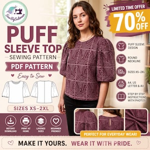Könnte beinhalten: Ein Schnittmuster für ein Oberteil mit Puffärmeln aus bordeauxfarbenem Stoff mit geometrischem Linienmuster. Das Design umfasst einen Rundhalsausschnitt, Puffärmel und einen Knopfverschluss am Rücken. Erhältlich in den Größen XS-2XL als PDF.