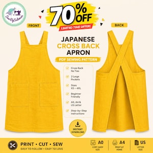 May include: A mustard yellow Japanese cross back apron PDF sewing pattern. The image displays the front and back views of the apron, featuring two large pockets and a cross-back design. Text includes 70% OFF, Japanese Cross Back Apron, and PDF Sewing Pattern.