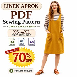 May include: A mustard yellow linen apron with a cross-back design and two front pockets. The image includes text: LINEN APRON, PDF Sewing Pattern, CROSS BACK DESIGN, XS-4XL SIZES INCLUDED, A4, US LETTER, A0, SPECIAL OFFER! 70% OFF, INSTANT DOWNLOAD.