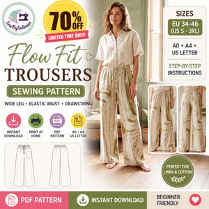 May include: A digital sewing pattern for flow fit trousers featuring a wide leg, elastic waist, and drawstring. The pattern includes sizes EU 34-46 and US S-3XL, with options for A0, A4, and US letter printing. The design is shown in a beige and olive green marble print.