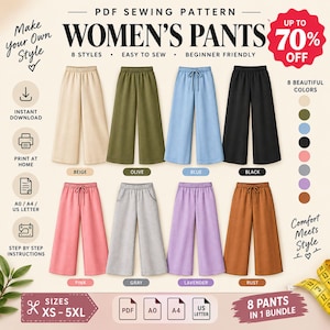 May include: A digital PDF sewing pattern for pants featuring eight styles in beige, olive, blue, black, pink, gray, lavender, and rust. The graphic includes text labels for sizes XS-5XL, printing formats, and a yellow measuring tape in the corner.