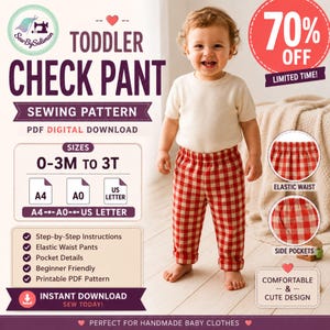 May include: A digital sewing pattern for toddler check trousers, featuring a red and white gingham print. The document includes sizes 0-3M to 3T, A4, A0, and US Letter formats, step-by-step instructions, elastic waist details, and side pockets.