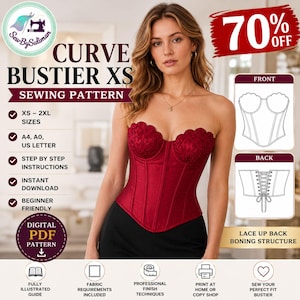 Può includere: Un bustino rosso scuro senza spalline con scollo in pizzo smerlato e struttura a stecche verticali. Il cartamodello digitale include istruzioni per le taglie dalla XS alla 2XL, presenta un design con allacciatura sul retro ed è stampabile in A4, A0 e US Letter.