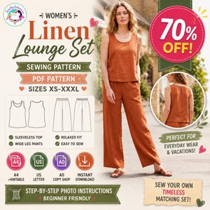 May include: A sewing pattern for a linen lounge set featuring a sleeveless top and wide-leg pants in sizes XS-XXXL. The digital PDF includes A4, US Letter, and A0 formats with step-by-step photo instructions for a relaxed fit garment.