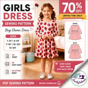 May include: A PDF sewing pattern for a long-sleeve twirl dress titled Bug Charm Dress. The pattern includes sizes 1-3Y, 4-6Y, 7-9Y, 10-12Y, and 13-14Y, with options for A4, A0, and US Letter print. The dress features a back zipper and ladybug print.