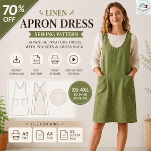 May include: A green linen apron dress with pockets and a cross back, as seen on a woman. The image includes text that says "Linen Apron Dress Sewing Pattern" and "Japanese Pinafore Dress." The pattern is available in sizes XS-4XL.