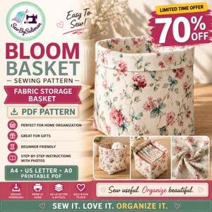 Può includere: Un cartamodello per un cestino portaoggetti in tessuto intitolato Bloom Basket di SewBySuliman. Il motivo presenta una stampa floreale con rose rosa e foglie verdi su sfondo crema. Include istruzioni PDF per formati A4, US Letter e A0.