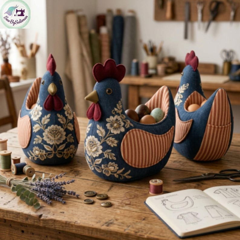 K&ouml;nnte beinhalten: Drei dekorative, huhnf&ouml;rmige Stoffk&ouml;rbe in Marineblau mit floralen Stickereien und roten und beigen Akzenten. Ein Korb enth&auml;lt Eier. Die Szene umfasst N&auml;hutensilien und ein Skizzenbuch auf einem Holztisch.