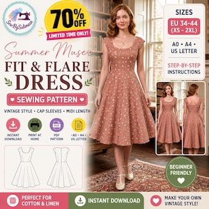May include: A digital sewing pattern for a fit and flare midi dress with cap sleeves. The pattern includes sizes EU 34-44, XS-2XL, and formats for A0, A4, and US Letter printing. It features a dusty rose fabric with a small white floral print.
