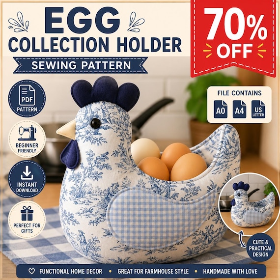 Chicken Egg Holder Sewing Pattern PDF, Hen Egg Basket Pattern, Farmhouse Chicken Basket, Egg Gathering Basket, Fabric Chicken Tutorial