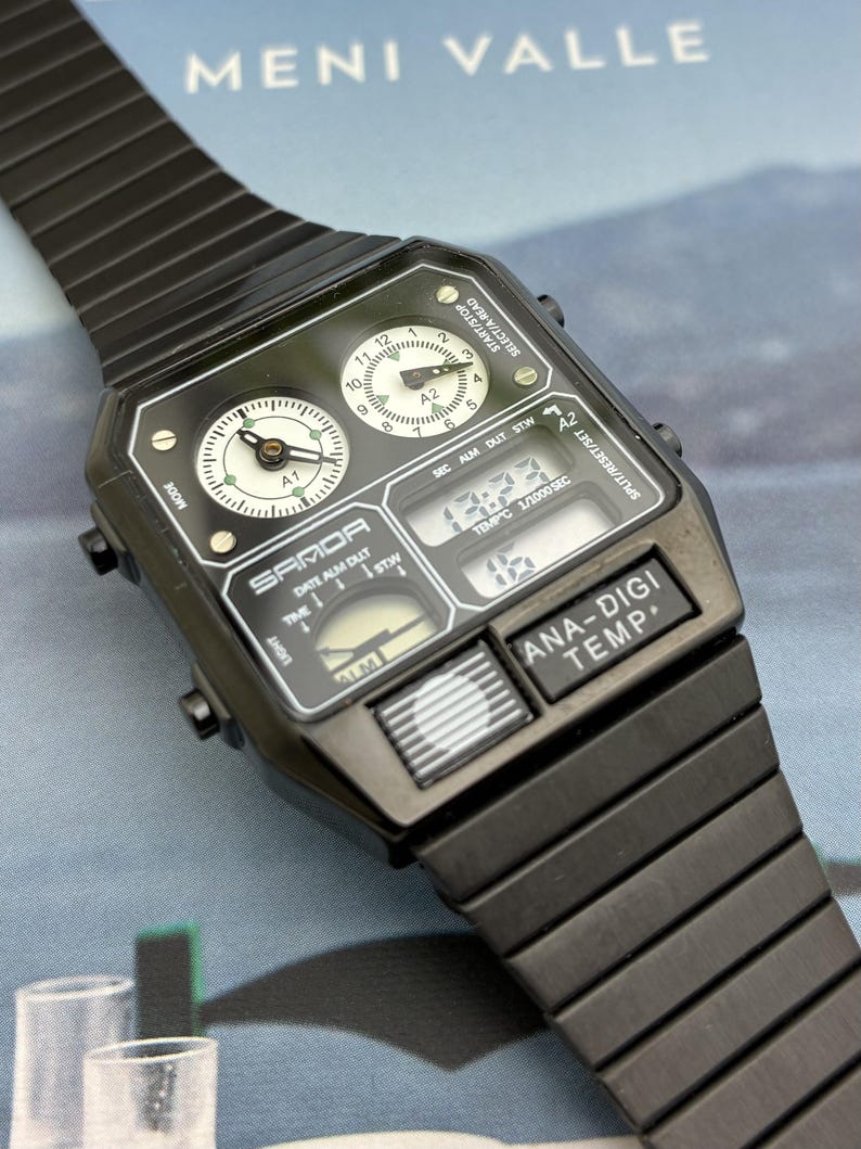 Reloj analógico-digital retro, brazalete de acero inoxidable, reloj de cuarzo vintage con múltiples esferas para hombre. imagen 4