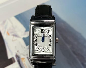 Reverso Style Mechanical Watch – Flip Case, Art Deco Design, Black Leather Strap