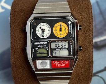 Retro Analog-Digital Watch, Stainless Steel Bracelet, Vintage Multi Dial Quartz Men's Watch