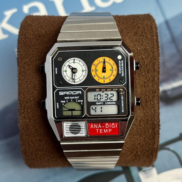 Reloj analógico-digital retro, brazalete de acero inoxidable, reloj de cuarzo vintage con múltiples esferas para hombre.