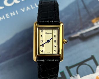 Vintage Unisex Tank-Style Watch. Roman Numerals, Gold-Plated, Genuine Leather Strap