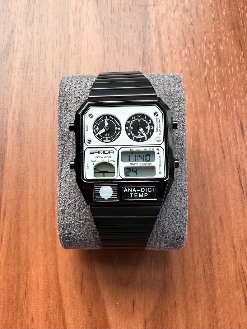 Montre rétro analogique-numérique, bracelet en acier inoxydable, montre pour homme vintage à quartz multi-cadrans image 1