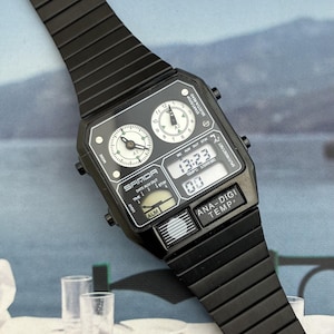 Reloj analógico-digital retro, brazalete de acero inoxidable, reloj de cuarzo vintage con múltiples esferas para hombre. imagen 2