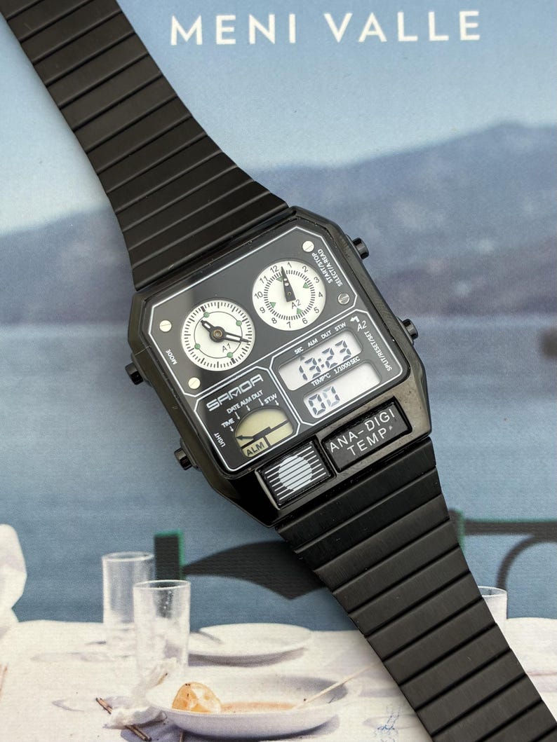 Reloj analógico-digital retro, brazalete de acero inoxidable, reloj de cuarzo vintage con múltiples esferas para hombre. imagen 2