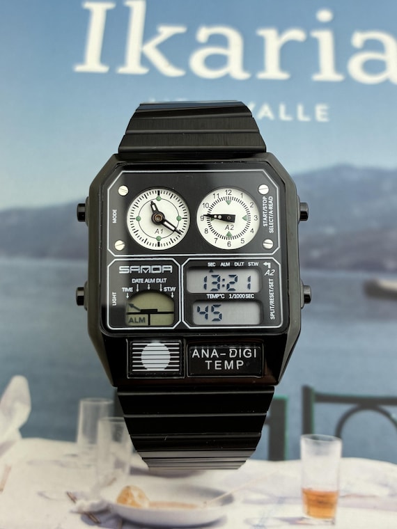 Retro Analog-Digital Watch, Stainless Steel Bracelet, Vintage Multi Dial Quartz Men's Watch