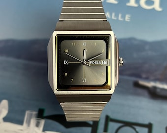 Neo Vintage Japanese Style Men's Watch. Square Dial With Date, Stainless Steel