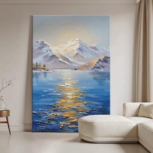 Large Mountain Lake Oil Painting Palette Knife Sunset Reflection Canvas Wall Art for Living Room