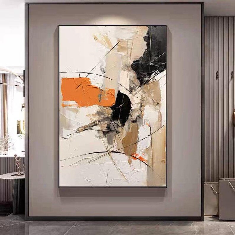 Large Abstract Canvas Painting Neutral Beige Black Orange Modern ...