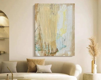 Large Abstract Neutral Canvas Painting Beige Gold Blue Green Modern Textured Wall Art for Living Room Minimalist Decor