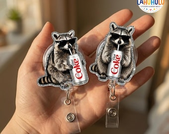 Portabadge retrattile per amanti della Coca-Cola Light a forma di procione, con clip in acrilico, ideale per chi beve bibite gassate.