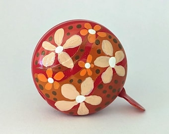 painted bike bell, bike bell, bicycle bell, earth tones, red bike bell, flower bike bell, red muted palette, painted flowers, hippie bike