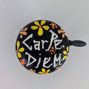 carpe diem bike bell, seize the day, bike rider gift, yellow bike bell, bicycle bell, yellow flowers, painted bike bell, bicycle rider gift