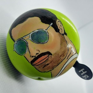 Queen, Freddie Mercury, painted bicycle bells, Freddy Mercury, Bohemian Rhapsody, we are the champions, Freddie Mercury portrait