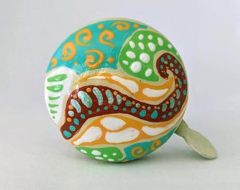 painted bike bell, bike bell, psychedelic style painting, hippie bike bell, boho bike bell, turquoise bicycle, custom painted bike bells