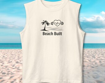 Men's Beach Built muscle tank top | palm tree heart barbell fitness design