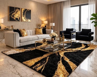 Black Gold Abstract Tufted Rug, Luxury Modern Living Room Carpet