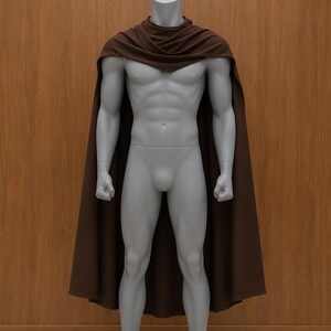 May include: A dark brown cape draped over the shoulders of a gray, featureless, full-body mannequin. The cape features a cowl-style neckline that gathers around the neck and hangs down the back and sides, reaching approximately to the knees.