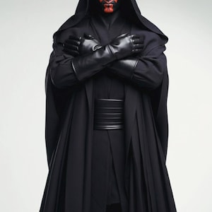 May include: A character in a black hooded cloak with a red and black face design, wearing black gloves, and with arms crossed. The character is standing in front of a white background. The costume includes a black belt.