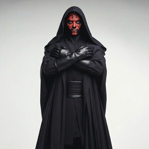 May include: A person in a black hooded cloak and gloves, with red and black facial markings. The person has their arms crossed. The outfit includes a wide belt and a long, flowing cloak. The background is a plain white.