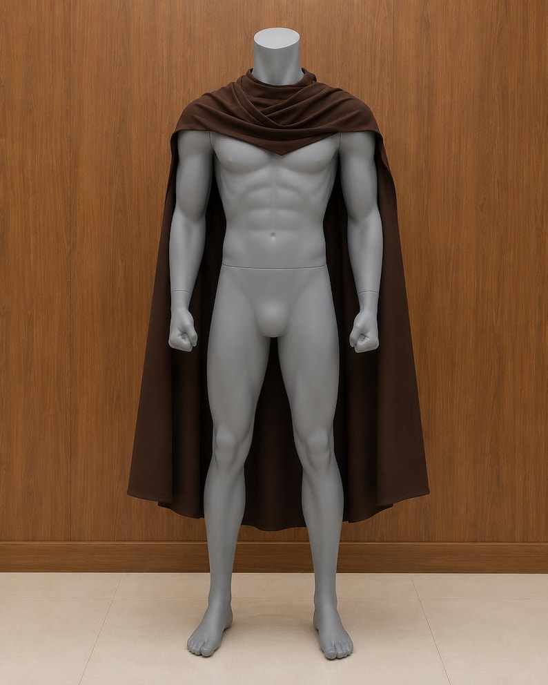 May include: A dark brown cape draped over the shoulders of a gray, featureless, full-body mannequin. The cape features a cowl-style neckline that gathers around the neck and hangs down the back and sides, reaching approximately to the knees.