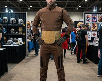Mandalorian Inspired Cosplay Set: Brown Mando Flight Suit and Quilted Vest for Warrior Builds