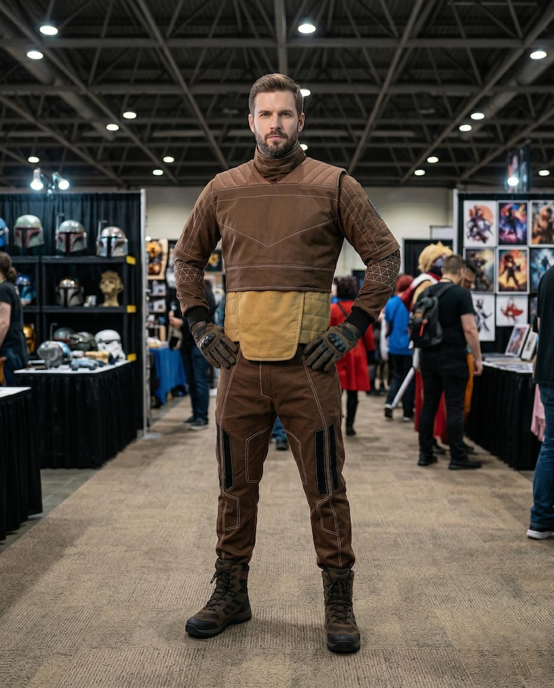 May include: A person wearing a brown and tan costume with a high collar, gloves, and boots. The costume has a quilted pattern on the sleeves and legs. The person is standing in a convention center with various booths and displays in the background.
