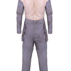 May include: A full-body costume in shades of gray and tan. The outfit includes a high-collared top with shoulder accents, long sleeves, and gray pants with cargo pockets. The costume is designed for cosplay or themed events.