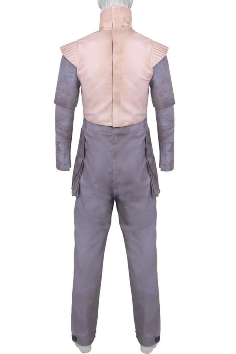 May include: A full-body costume in shades of gray and tan. The outfit includes a high-collared top with shoulder accents, long sleeves, and gray pants with cargo pockets. The costume is designed for cosplay or themed events.