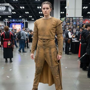 May include: A person wearing a tan costume with a long-sleeved top and matching pants. The outfit has a weathered appearance, with textured details on the shoulders and knees. The person is wearing brown boots. The background shows a convention setting.
