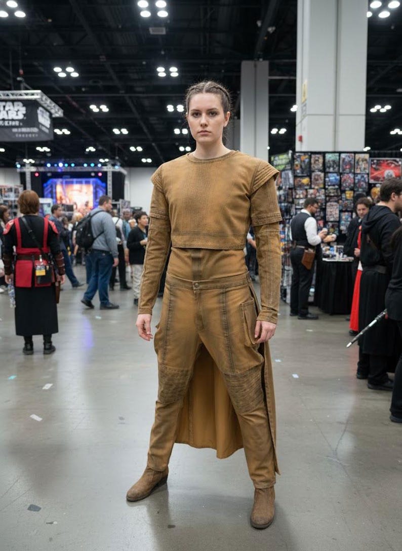 May include: A person wearing a tan costume with a long-sleeved top and matching pants. The outfit has a weathered appearance, with textured details on the shoulders and knees. The person is wearing brown boots. The background shows a convention setting.